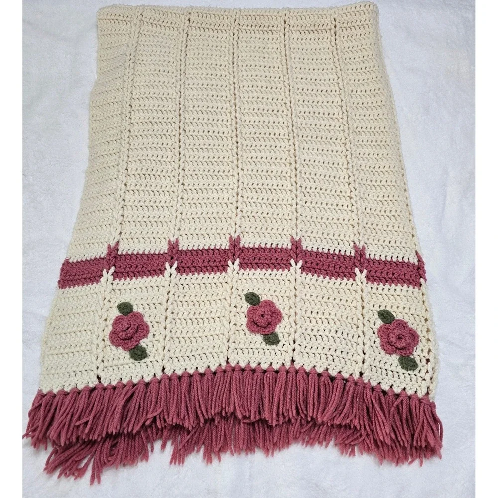 Vintage Handmade Crochet Rose Throw Blanket Cream Pink Floral Fringe Afghan